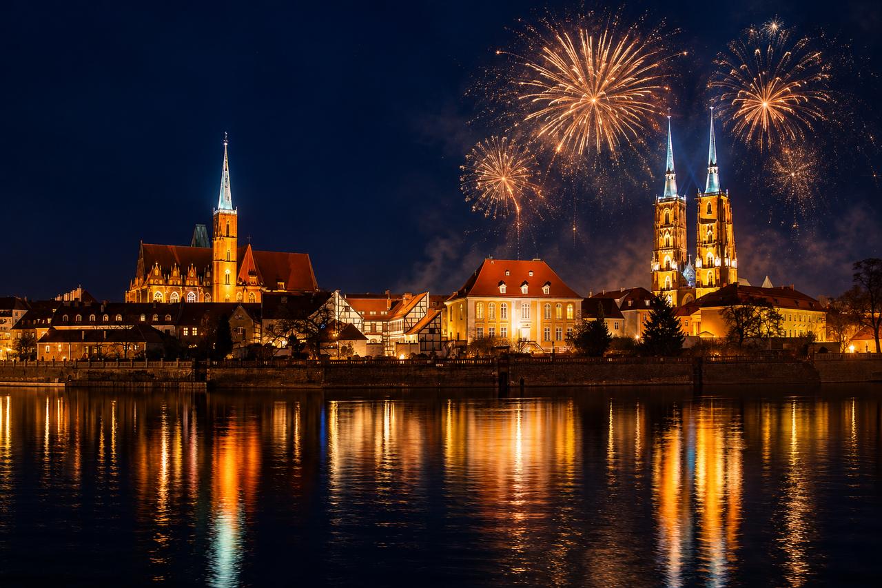 Ostrów Tumski we Wrocławiu nocą, fajerwerki nad katedrą i Odrą